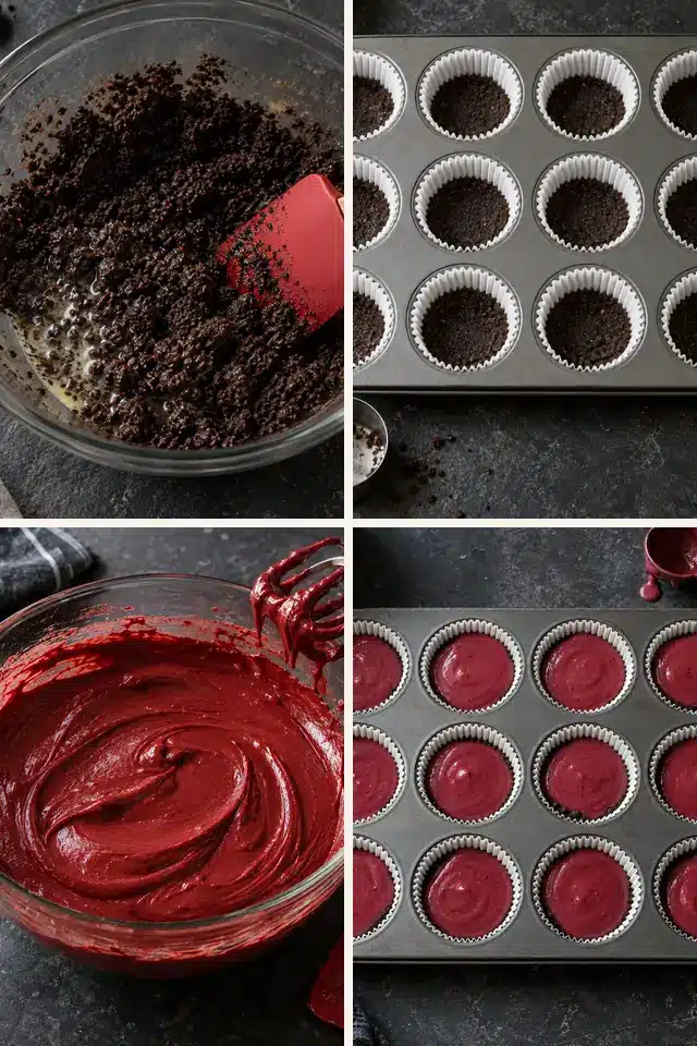 Mini Red Velvet Cheesecakes 4 Four steps for making Mini Red Velvet Cheesecakes in a muffin pan
