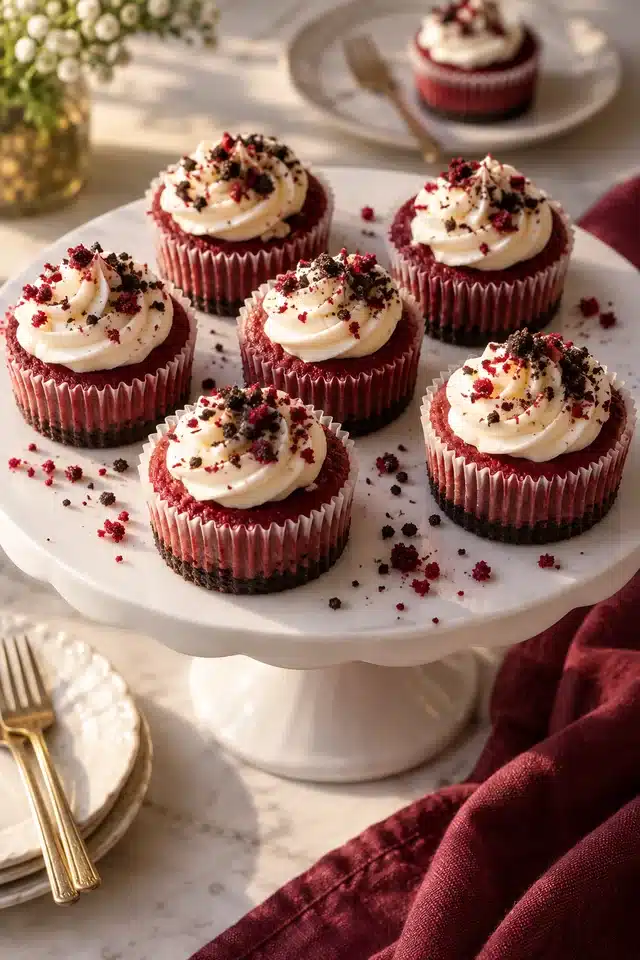 Mini Red Velvet Cheesecakes 6 Mini Red Velvet Cheesecakes arranged on a white cake stand for serving