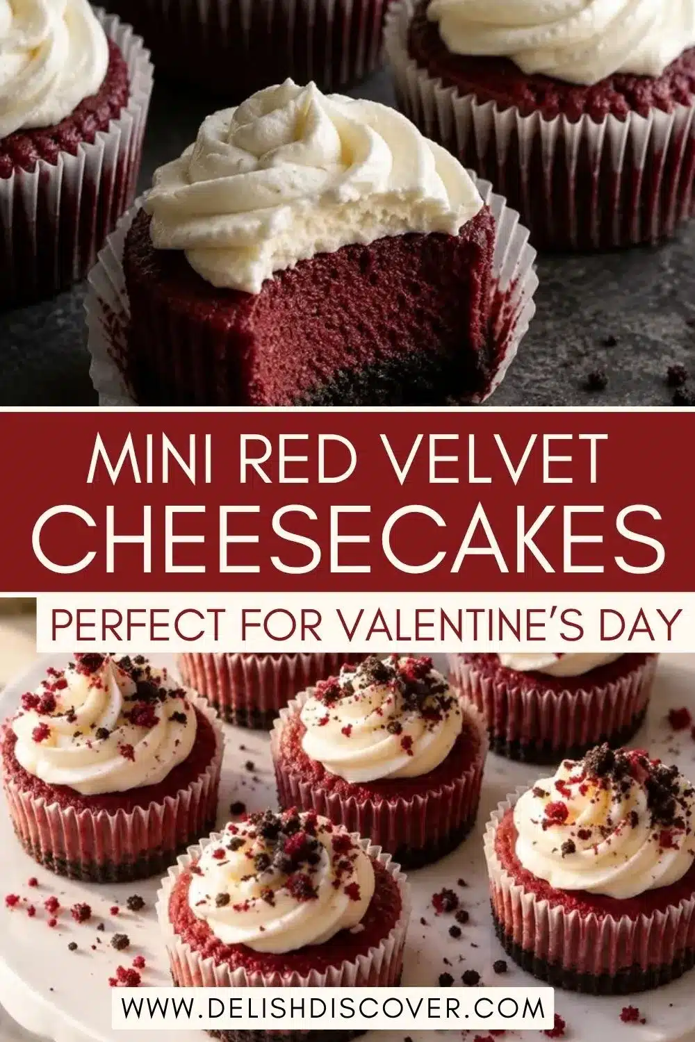 Mini red velvet cheesecakes with dark cookie crusts and white cream cheese swirls, styled as an individual Valentine’s Day dessert.