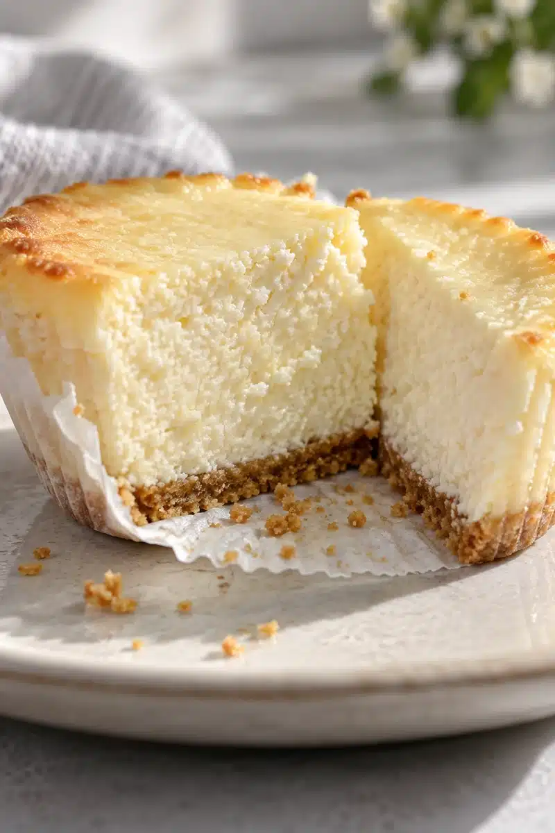 Close view of ricotta cheesecake filling and its thin graham cracker base