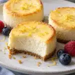 Mini ricotta cheesecakes with lemon and thin graham cracker crusts, one cut open