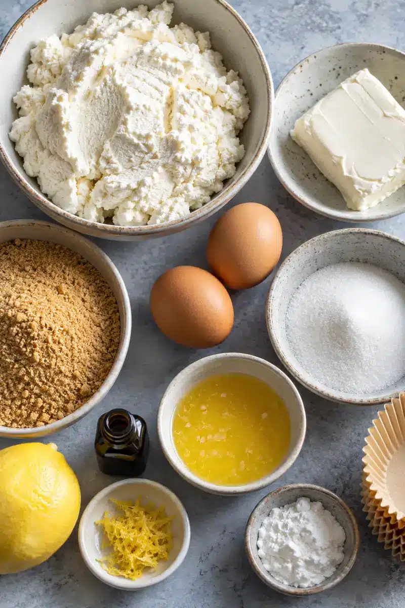 Ricotta, cream cheese, eggs, graham crumbs, butter, sugar, and lemon arranged for baking