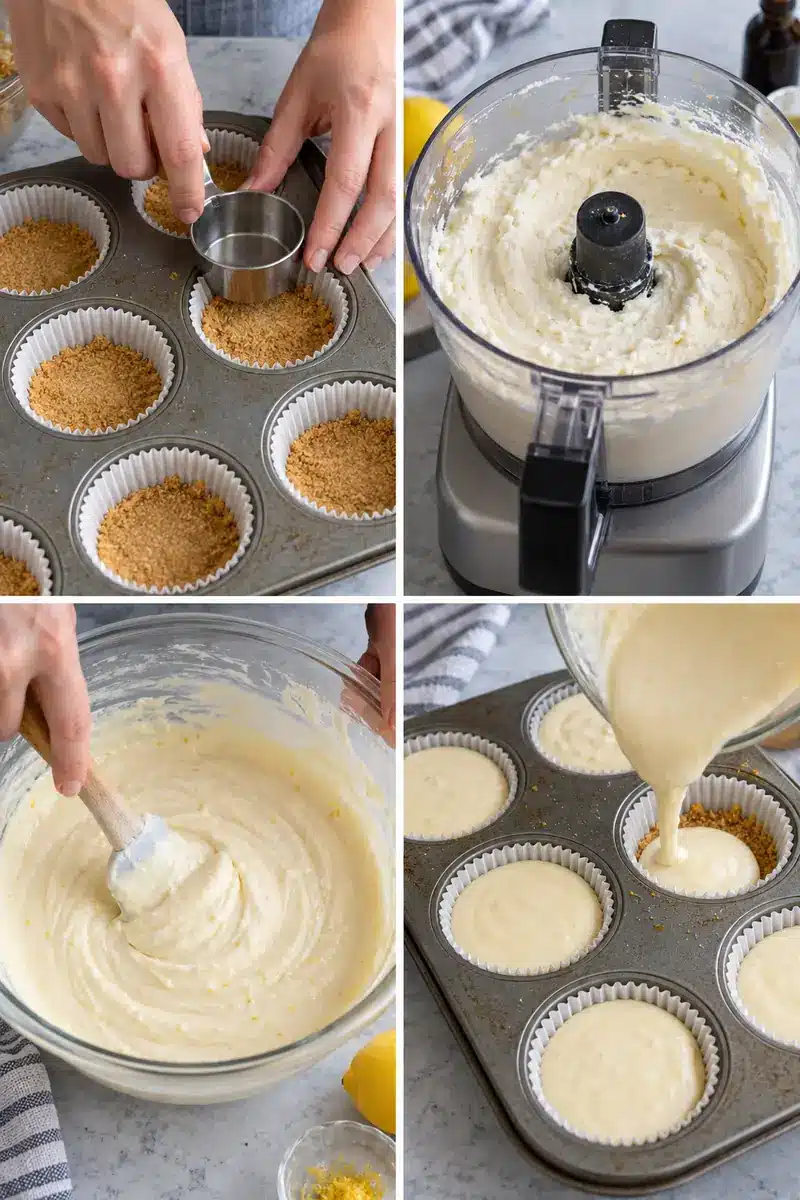 Four panels showing graham crust pressing, smoothing ricotta, mixing lemon filling, and filling the muffin tin