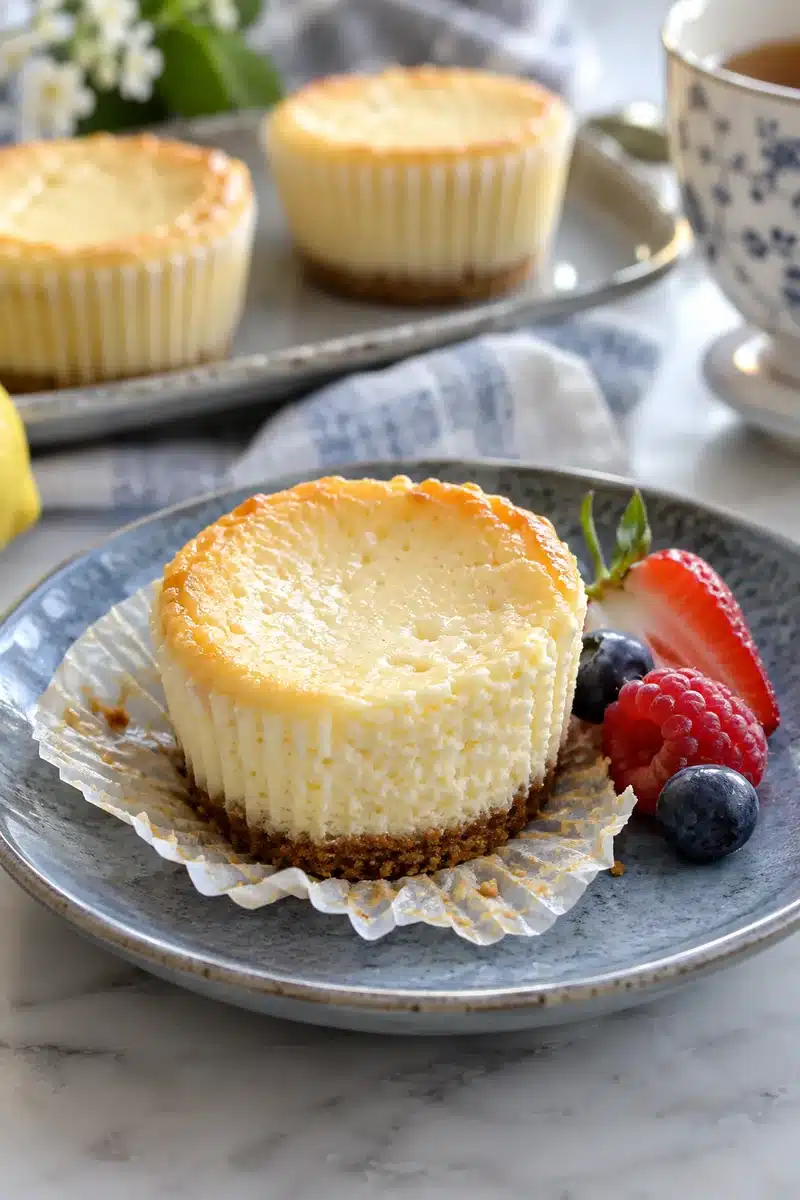 Individual lemon-vanilla ricotta cheesecake served with fresh berries