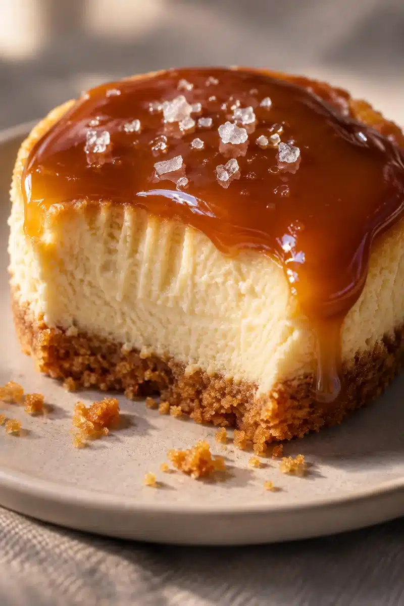 Mini Salted Caramel Cheesecakes 5 Cut mini cheesecake showing baked cream cheese center, graham base, and amber caramel