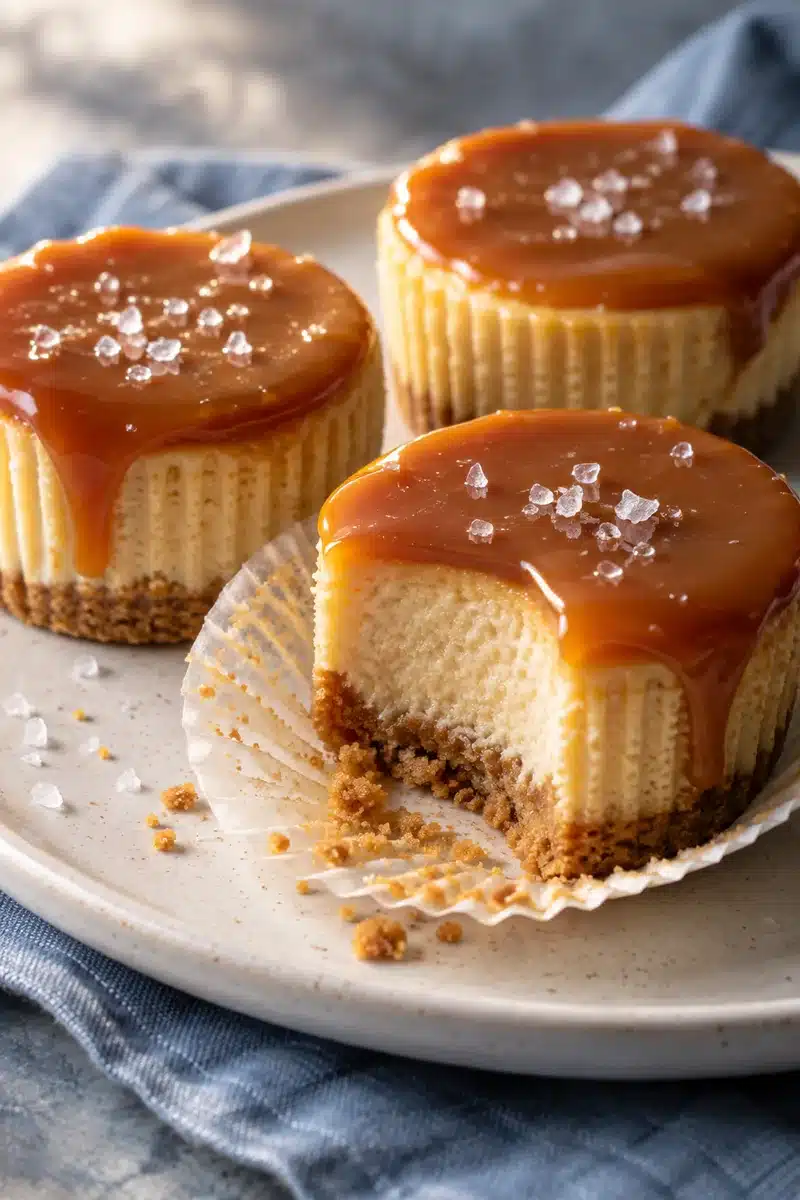 Mini Salted Caramel Cheesecakes 1 Mini Salted Caramel Cheesecakes with graham crust and glossy caramel topping