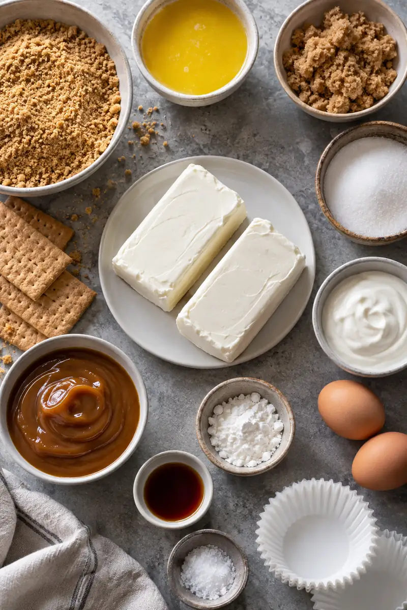 Mini Salted Caramel Cheesecakes 3 Graham crumbs, cream cheese, eggs, sour cream, and caramel sauce arranged for baking