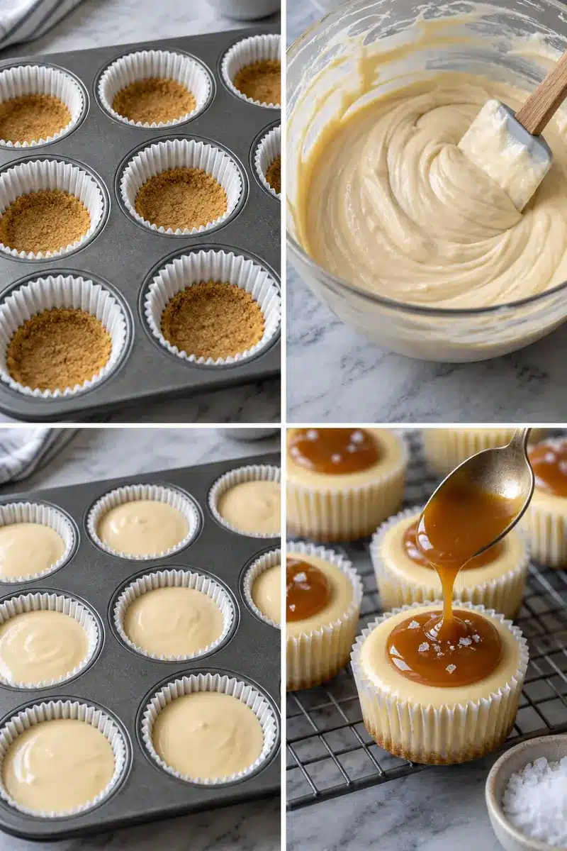 Mini Salted Caramel Cheesecakes 4 Four panels showing crust, caramel cheesecake batter, filled muffin cups, and chilled caramel topping