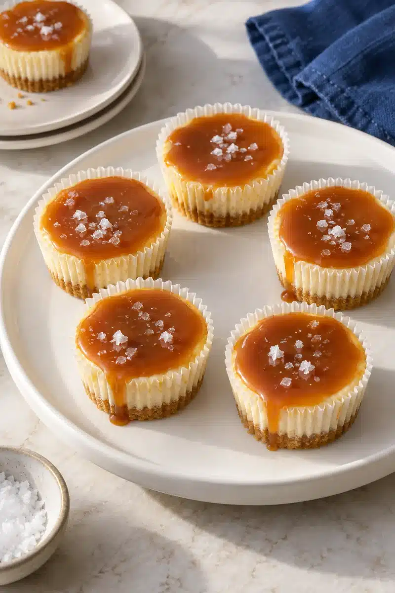 Mini Salted Caramel Cheesecakes 6 Several caramel-topped mini cheesecakes on a serving platter with flaky sea salt