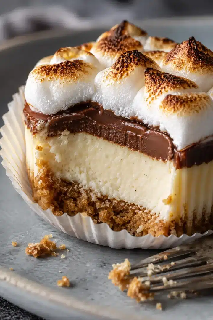 Cut Mini S'mores Cheesecakes showing creamy filling, graham crust, chocolate, and marshmallow