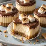 Mini S'mores Cheesecakes with graham crust, chocolate ganache, and toasted marshmallows