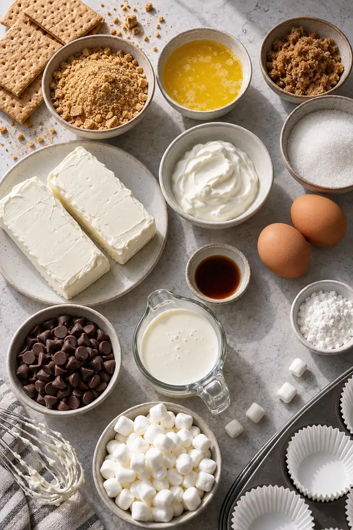 Ingredients for Mini S'mores Cheesecakes arranged on a kitchen counter