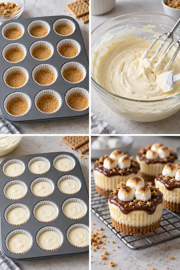 Four steps for making Mini S'mores Cheesecakes in a muffin pan