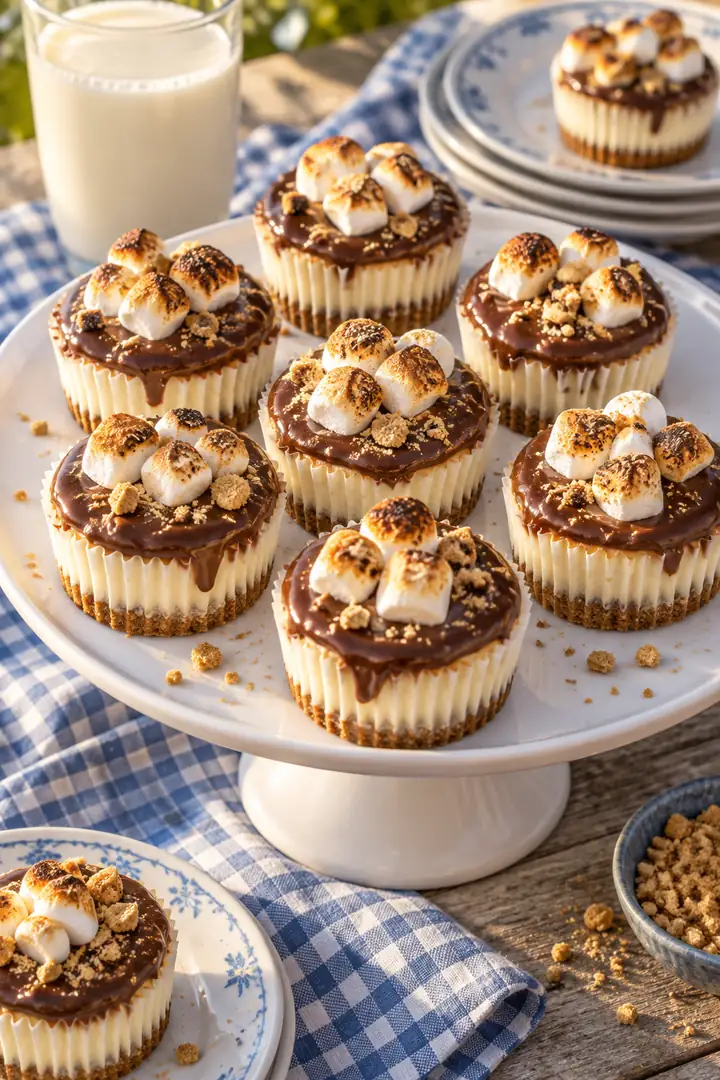 Mini S'mores Cheesecakes arranged on a platter for serving