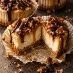 Mini Turtle Cheesecakes 11 Baked Mini Turtle Cheesecakes with caramel, chocolate, and pecans on graham crusts