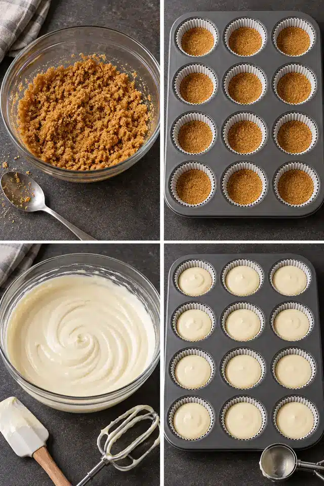 Mini Turtle Cheesecakes 4 Four steps for Mini Turtle Cheesecakes: crumbs, crusts, filling, and filled muffin pan