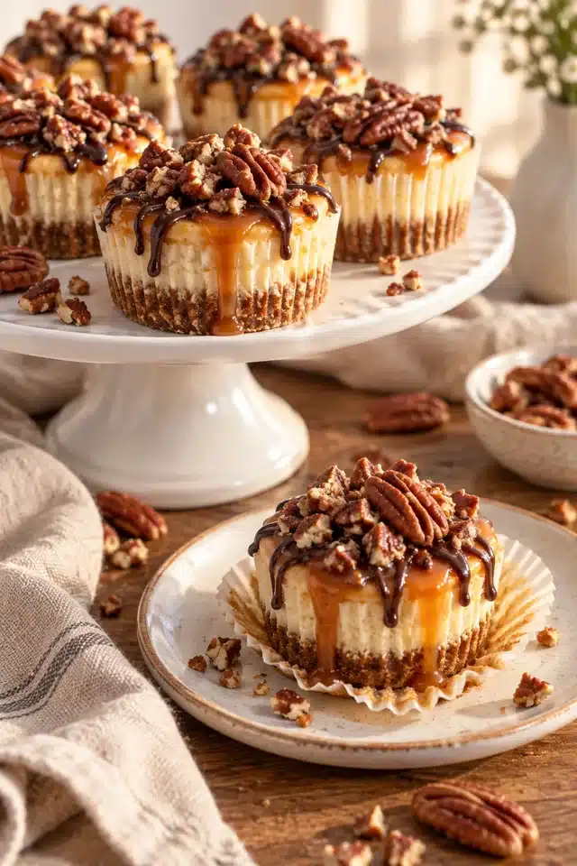 Mini Turtle Cheesecakes 6 Mini Turtle Cheesecakes with caramel, pecans, and chocolate on a cake stand