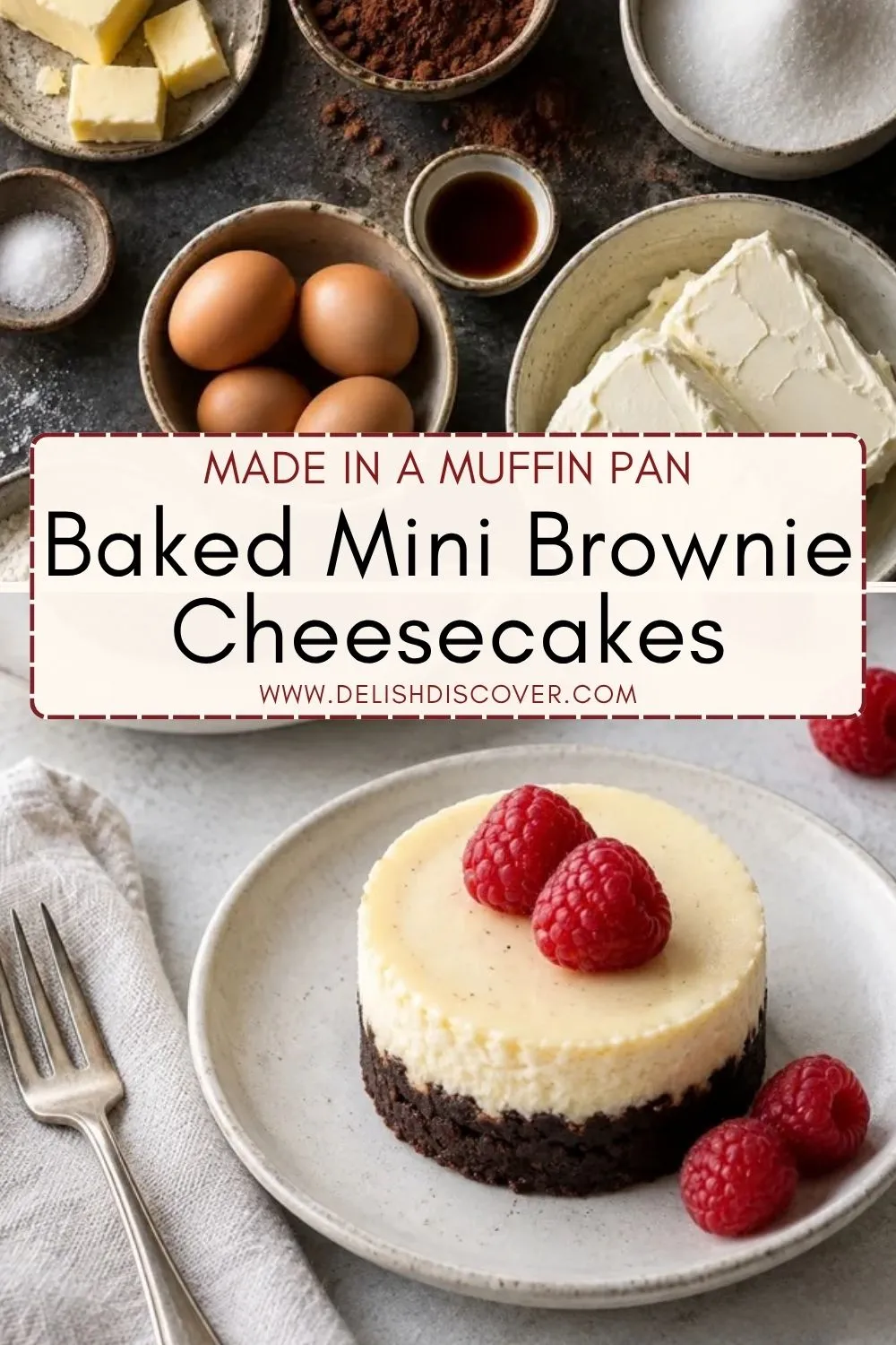 A single vanilla cheesecake with a dark brownie base and fresh raspberries, shown below bowls of cocoa, cream cheese, eggs, butter, and sugar.