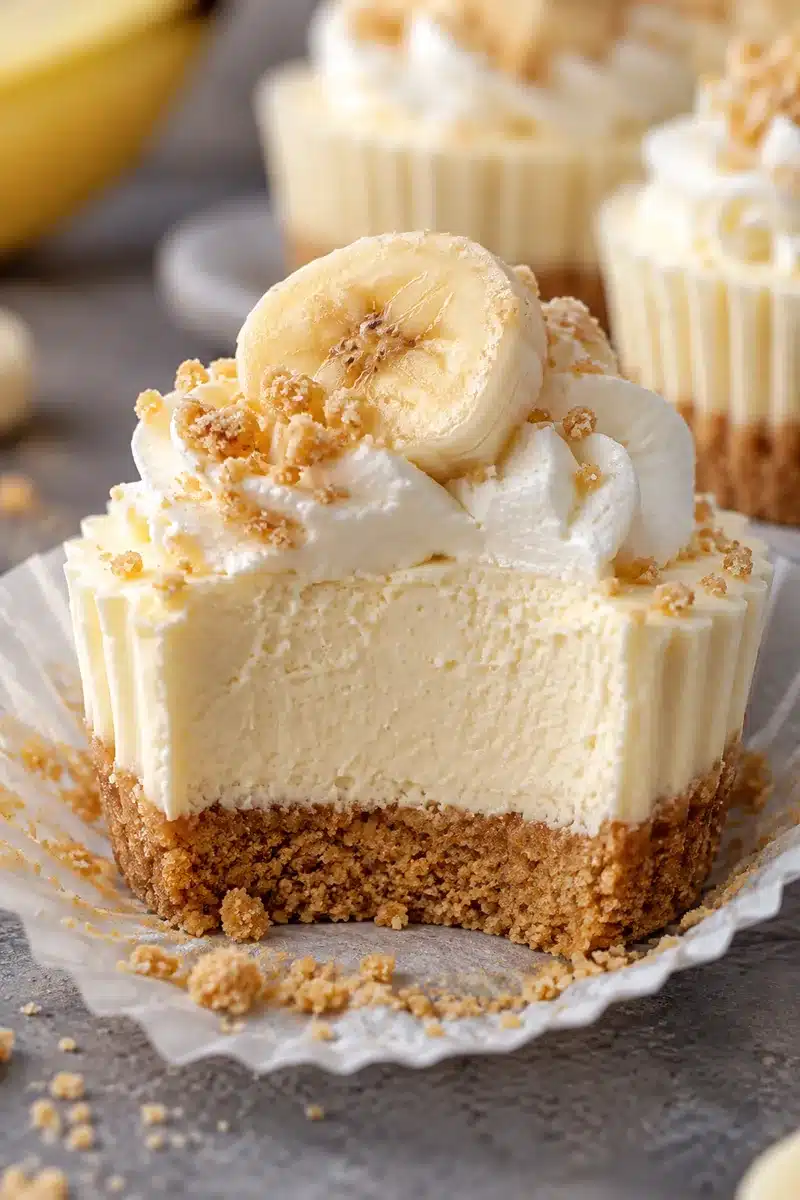 No-Bake Banana Cream Mini Cheesecakes 5 Cut No-Bake Banana Cream Mini Cheesecakes with creamy filling and vanilla wafer crust