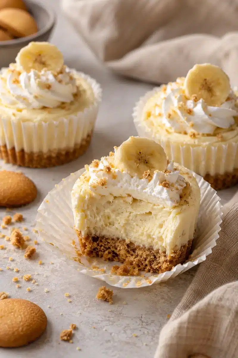 No-Bake Banana Cream Mini Cheesecakes 1 No-Bake Banana Cream Mini Cheesecakes with vanilla wafer crust and banana slices