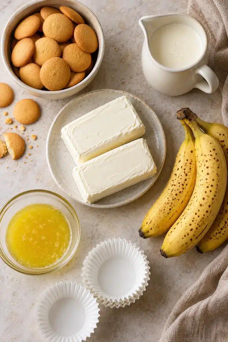 No-Bake Banana Cream Mini Cheesecakes 3 Ingredients for No-Bake Banana Cream Mini Cheesecakes on a kitchen counter