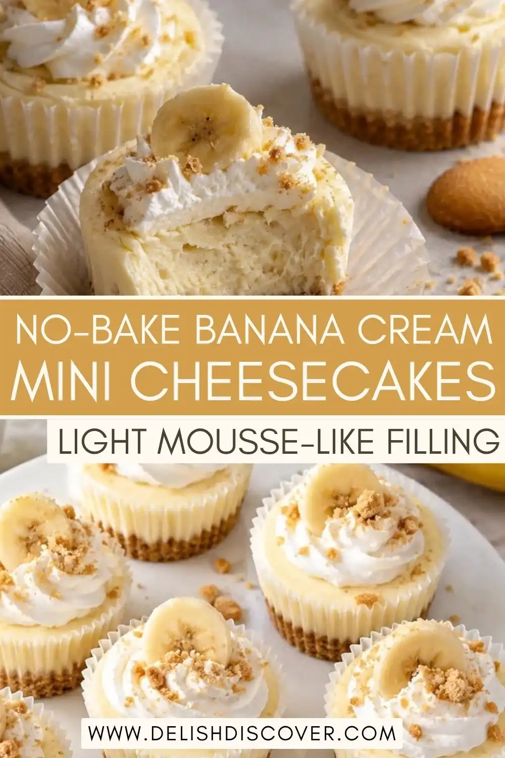 No-bake banana cream mini cheesecakes with pale creamy filling, whipped topping, banana slices, and vanilla wafer crusts.