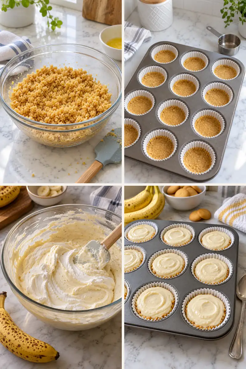 No-Bake Banana Cream Mini Cheesecakes 4 Four steps for making No-Bake Banana Cream Mini Cheesecakes in a muffin pan
