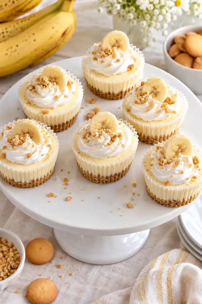 No-Bake Banana Cream Mini Cheesecakes 6 No-Bake Banana Cream Mini Cheesecakes on a serving plate with banana slices