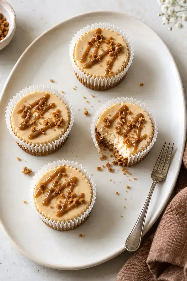 Cut No-Bake Biscoff Mini Cheesecakes showing creamy filling and spiced cookie crust