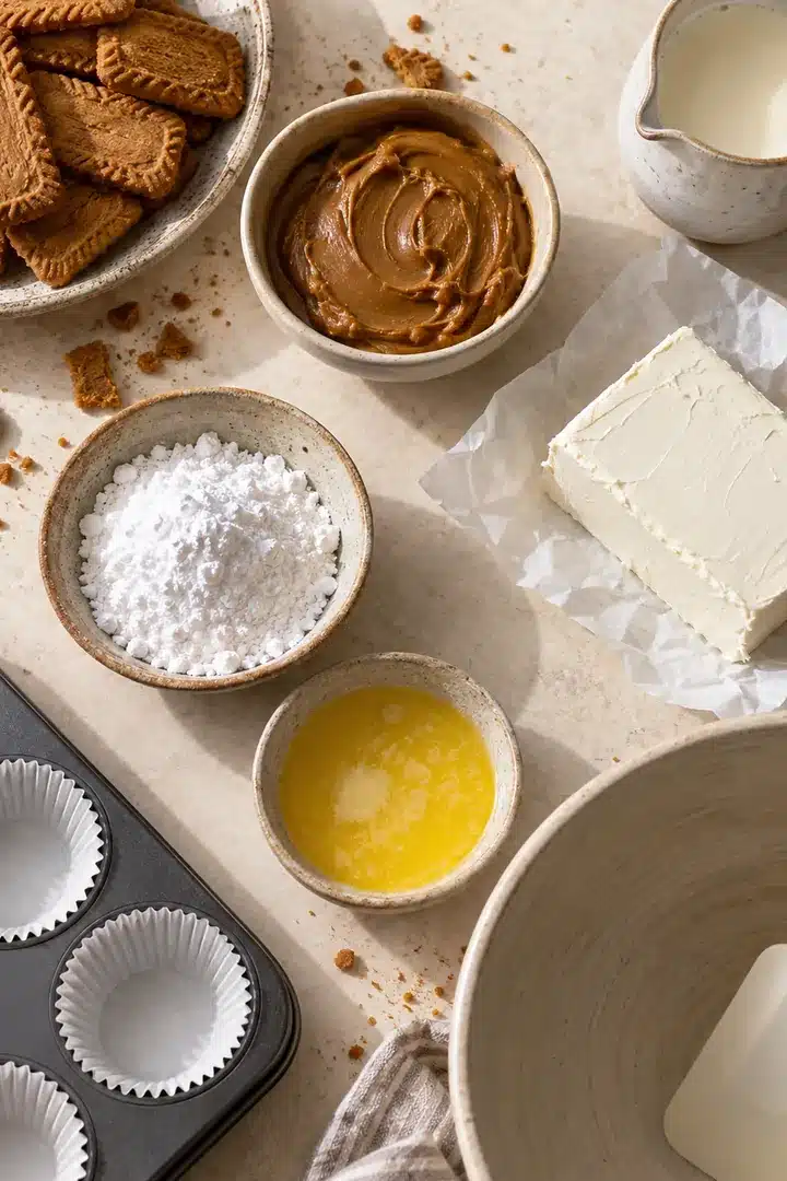 Ingredients for No-Bake Biscoff Mini Cheesecakes arranged for baking