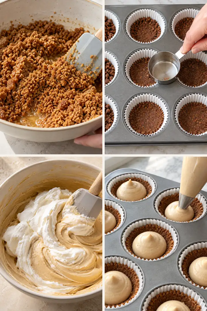 Four steps for making No-Bake Biscoff Mini Cheesecakes in a muffin pan