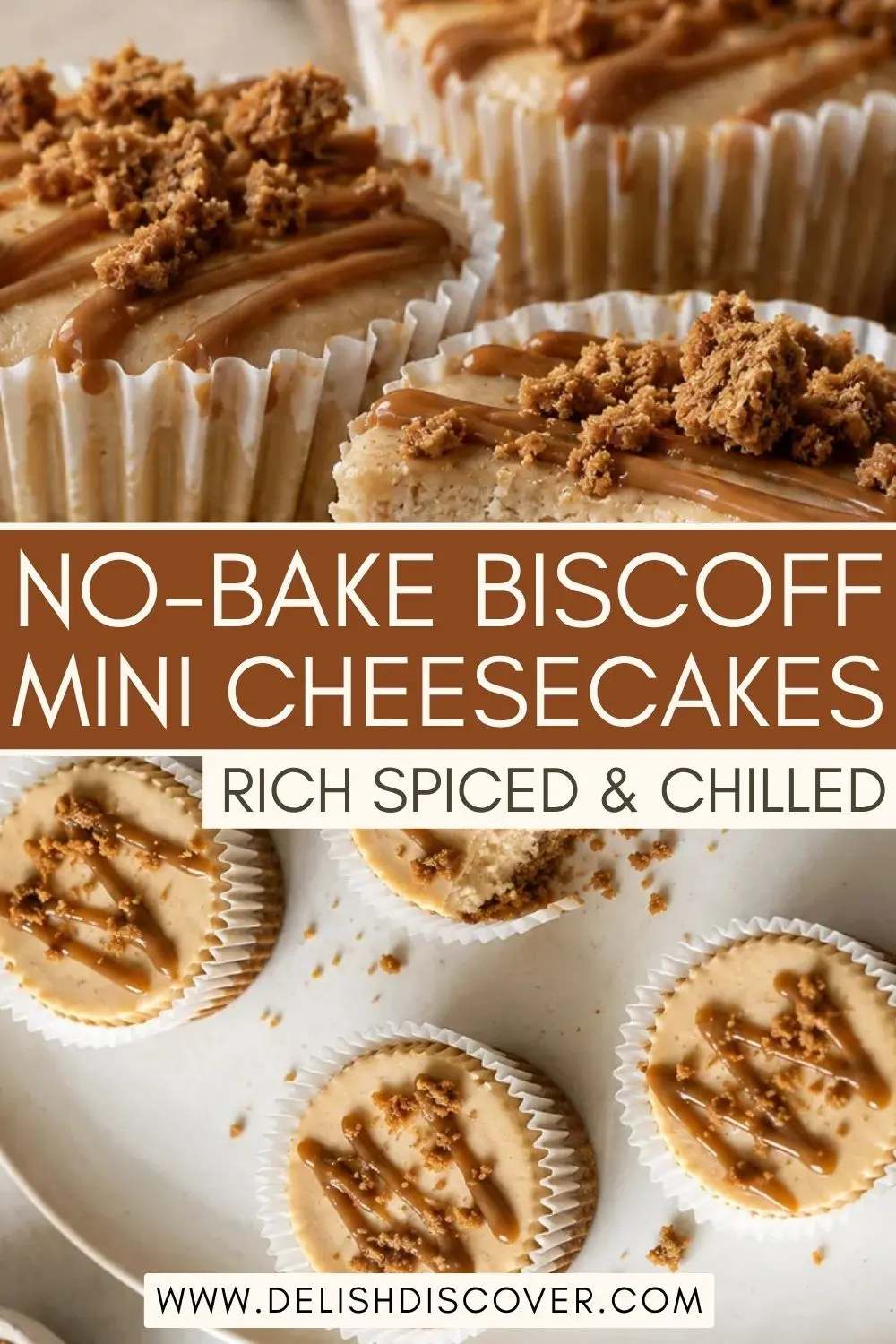 No-bake Biscoff mini cheesecakes topped with cookie butter drizzle and cookie crumbs on a serving plate.