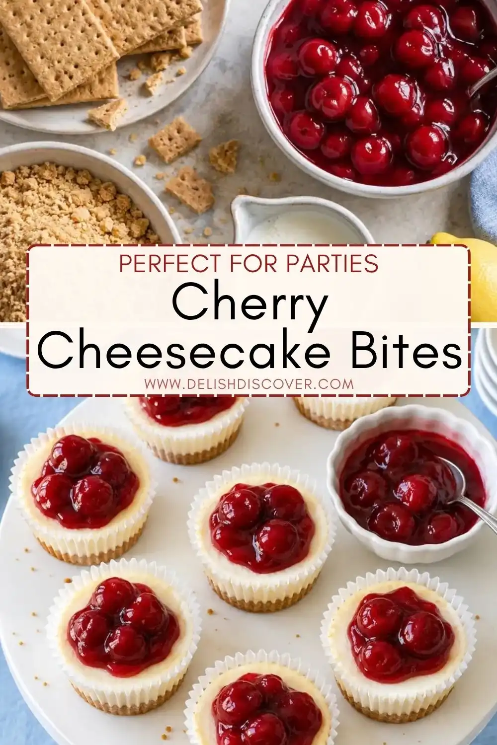 Pinterest pin showing no-bake cherry cheesecake bites topped with glossy cherry filling, arranged on a plate, with graham cracker crumbs and cherry topping ingredients in the background.
