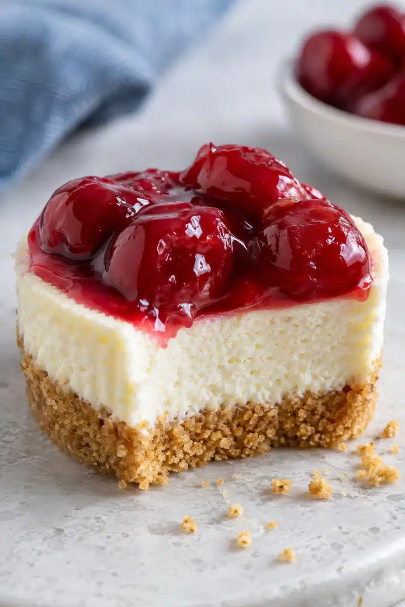 No-Bake Cherry Mini Cheesecakes 5 Cut No-Bake Cherry Mini Cheesecakes with creamy filling and graham cracker crust