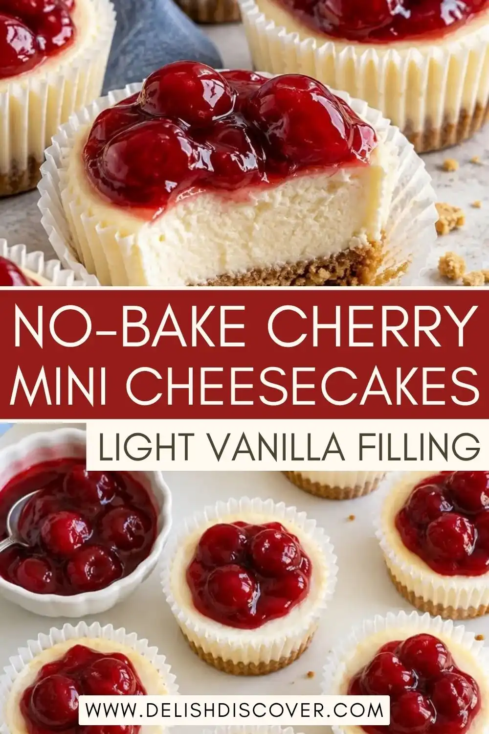 Close-up Pinterest pin of a no-bake cherry mini cheesecake with a bite taken out, showing creamy vanilla filling, cherry topping, and a graham cracker crust.