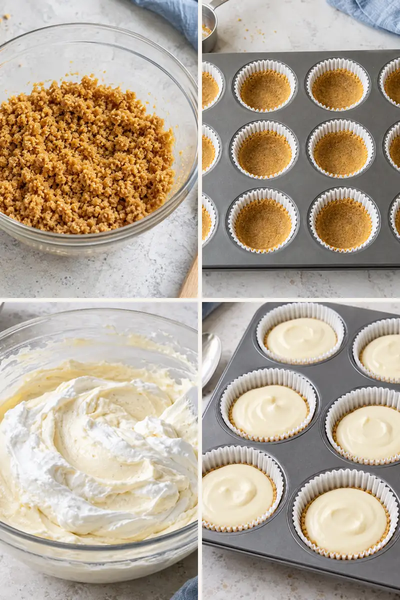 No-Bake Cherry Mini Cheesecakes 4 Four steps for making No-Bake Cherry Mini Cheesecakes in a muffin pan