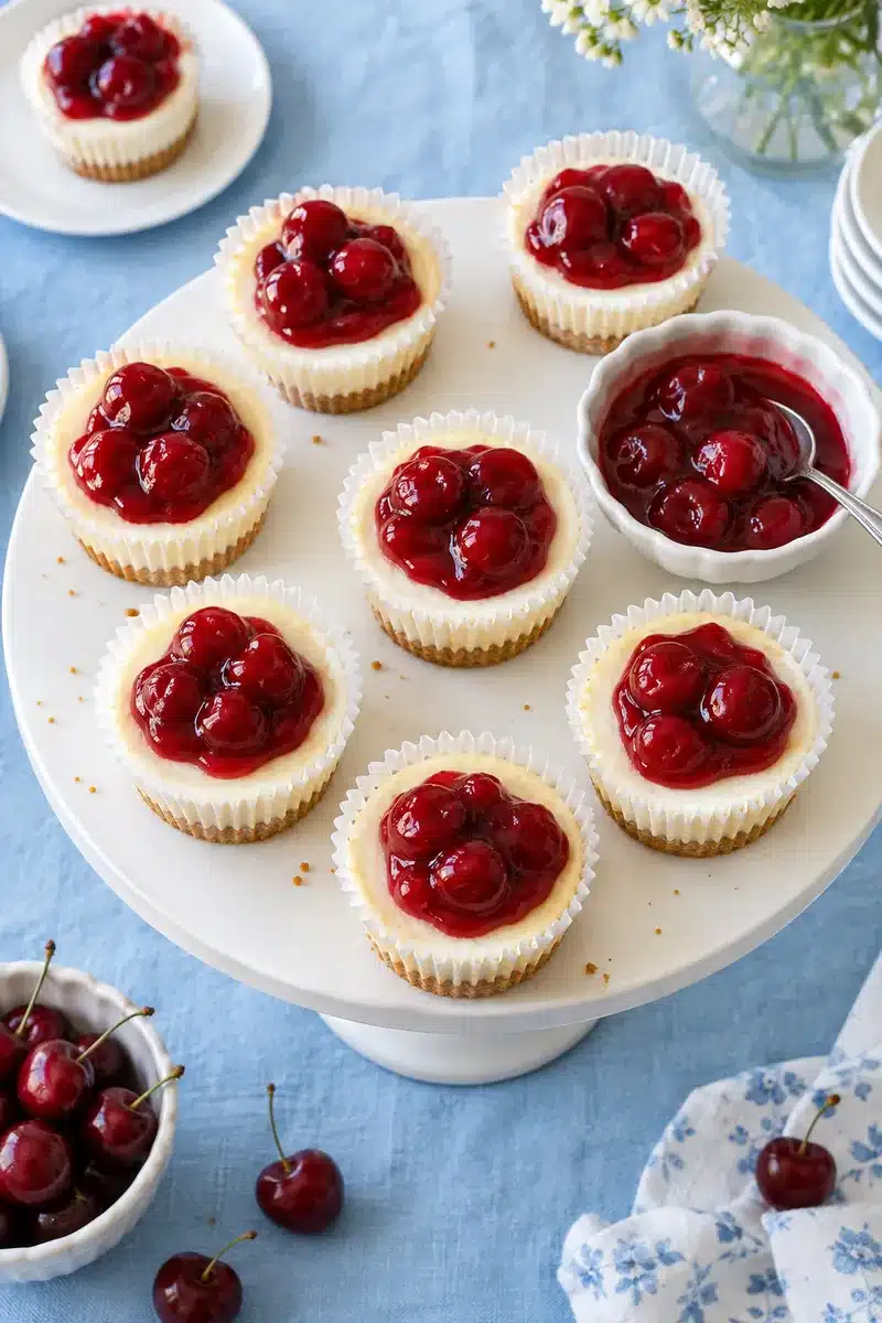 No-Bake Cherry Mini Cheesecakes 6 No-Bake Cherry Mini Cheesecakes served on a white cake stand