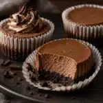 No-Bake Chocolate Mini Cheesecakes with chocolate cookie crust and cocoa whipped topping