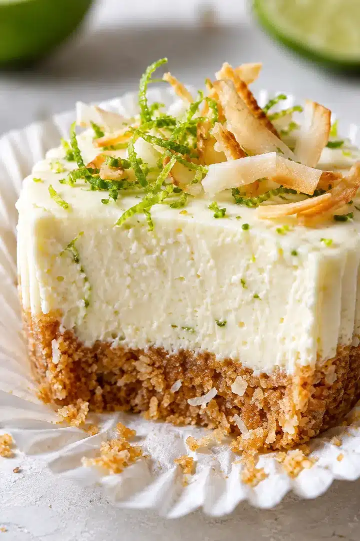 Cut No-Bake Coconut Lime Mini Cheesecakes with creamy filling and toasted coconut crust