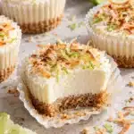 No-Bake Coconut Lime Mini Cheesecakes with toasted coconut graham crust and lime zest