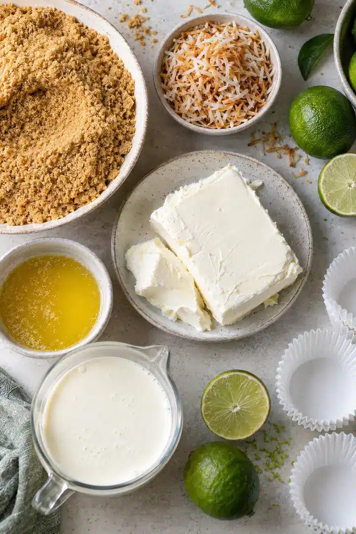 Ingredients for No-Bake Coconut Lime Mini Cheesecakes on a kitchen counter