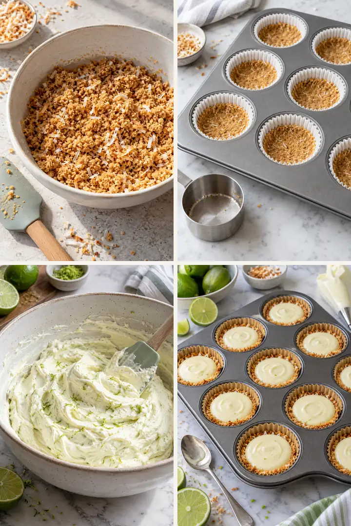 Four steps for making No-Bake Coconut Lime Mini Cheesecakes in a muffin pan