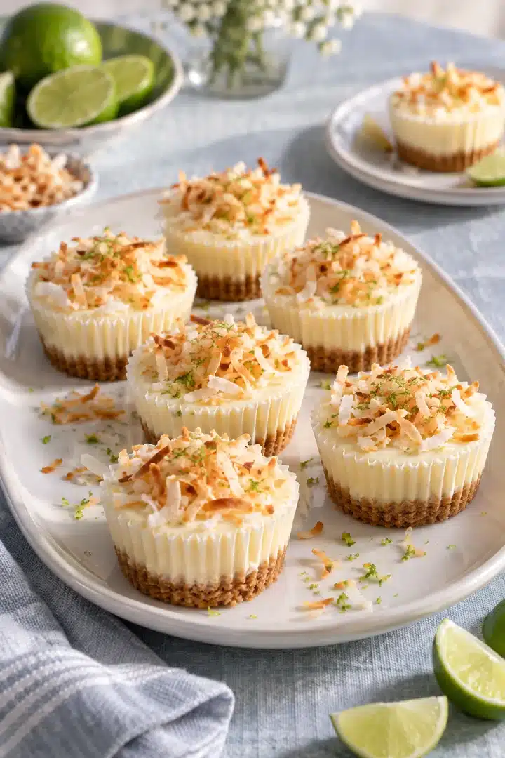 No-Bake Coconut Lime Mini Cheesecakes on a serving plate with toasted coconut and lime zest