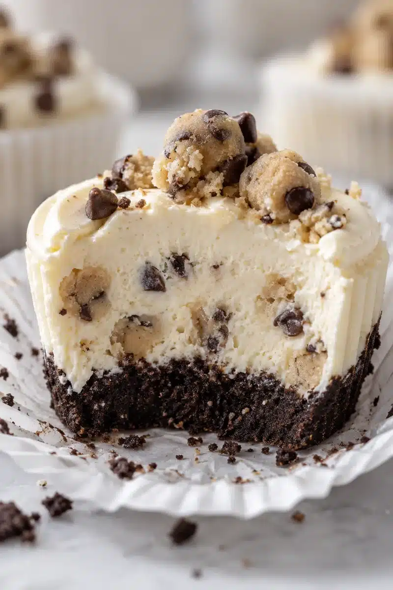 Cut No-Bake Cookie Dough Mini Cheesecakes with creamy filling and chocolate cookie crust