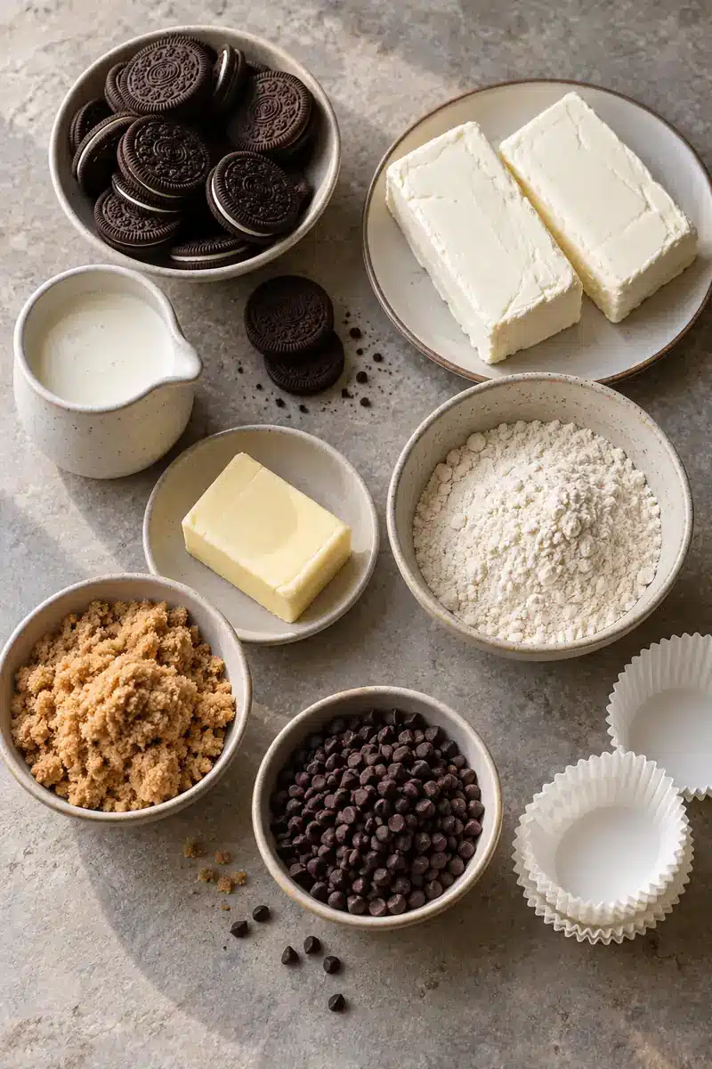 Ingredients for No-Bake Cookie Dough Mini Cheesecakes on a kitchen counter