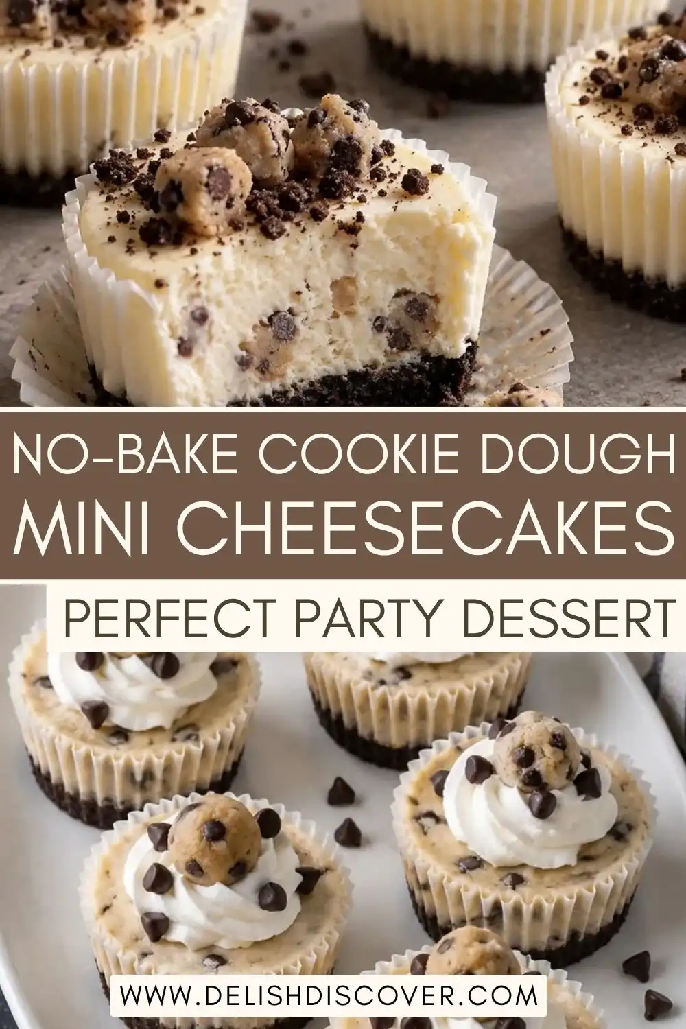 No-bake cookie dough mini cheesecakes with chocolate crusts, creamy filling, whipped cream, mini chocolate chips, and cookie dough pieces.