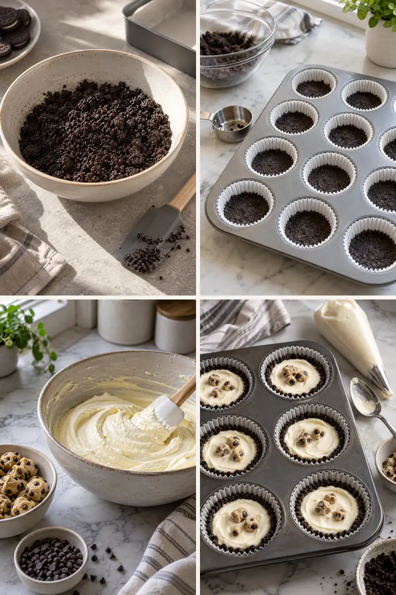 Four steps for making No-Bake Cookie Dough Mini Cheesecakes in a muffin pan