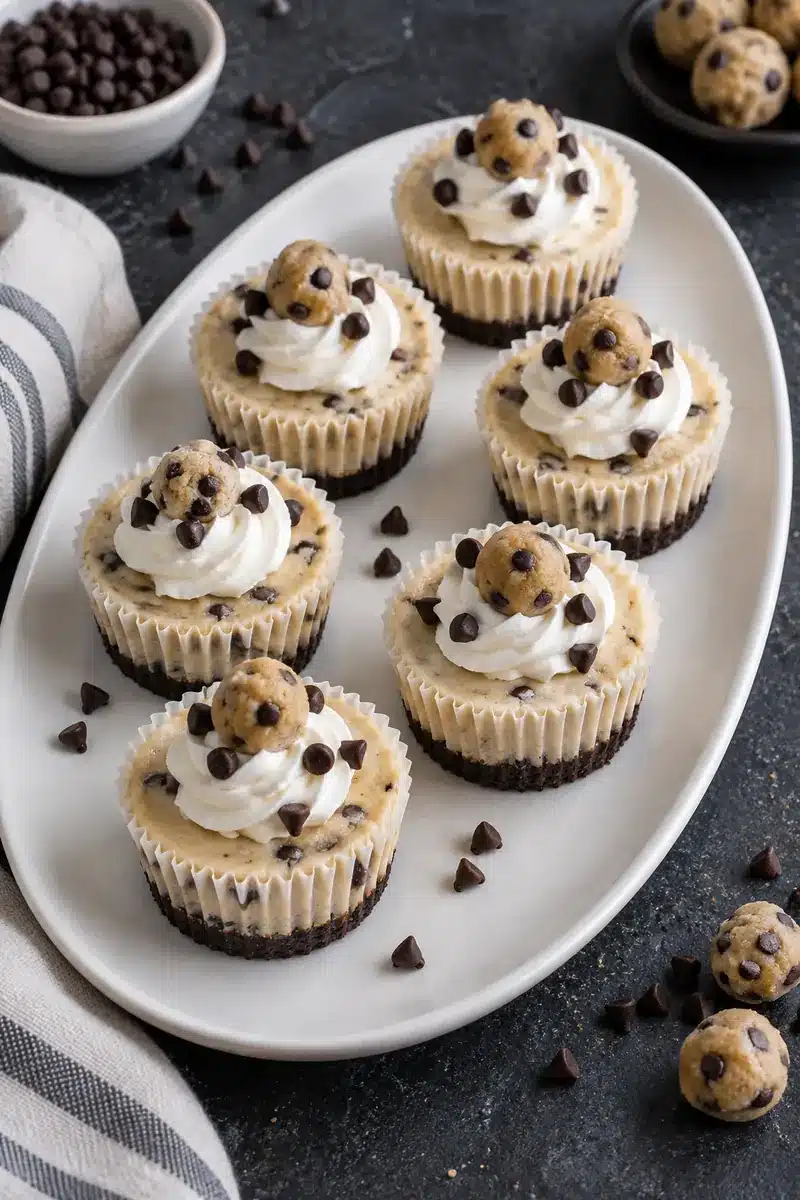 No-Bake Cookie Dough Mini Cheesecakes on a serving platter with chocolate chips