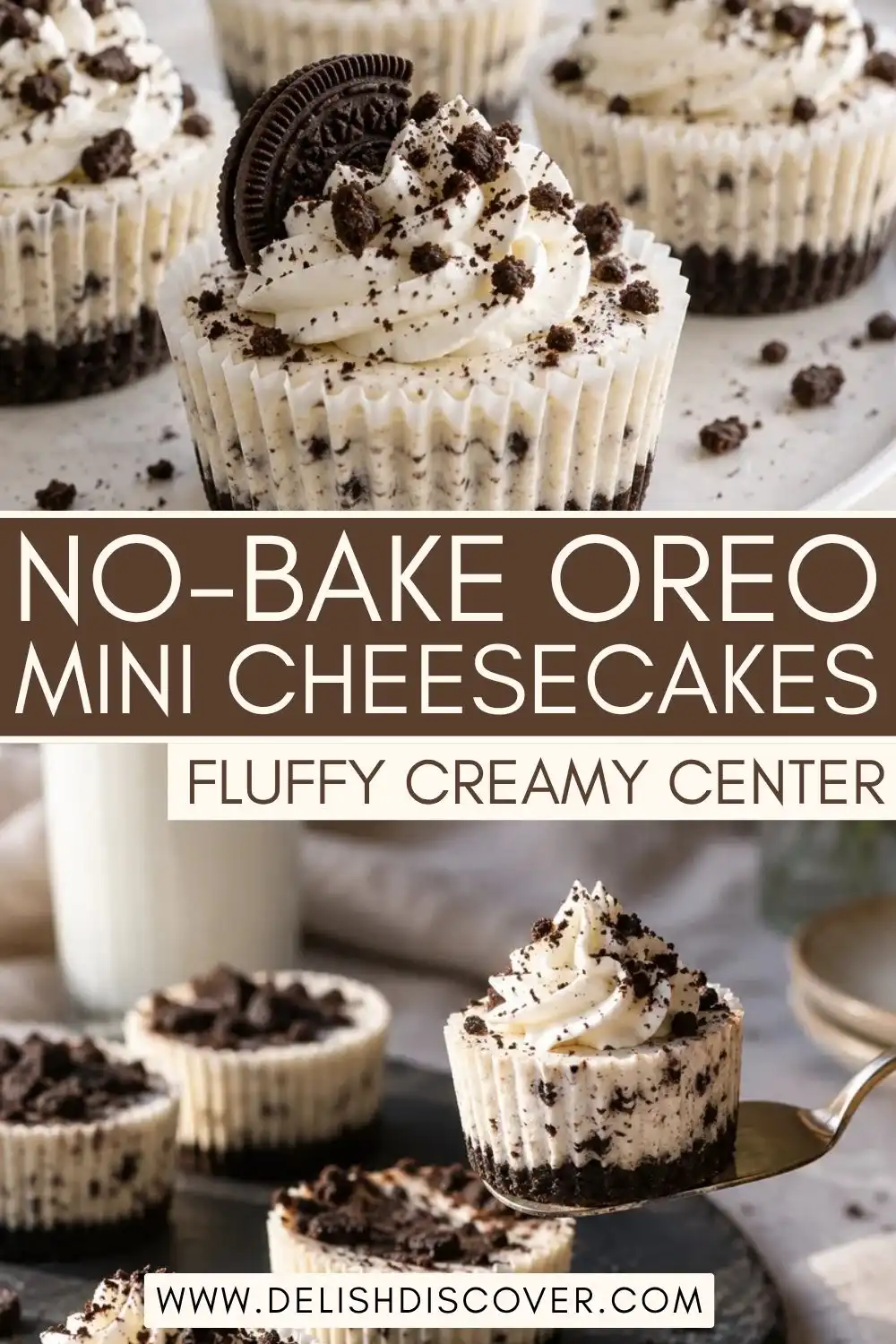 Mini Oreo cheesecakes in paper liners topped with whipped cream, cookie crumbs, and sandwich-cookie pieces over a dark chocolate crumb crust.