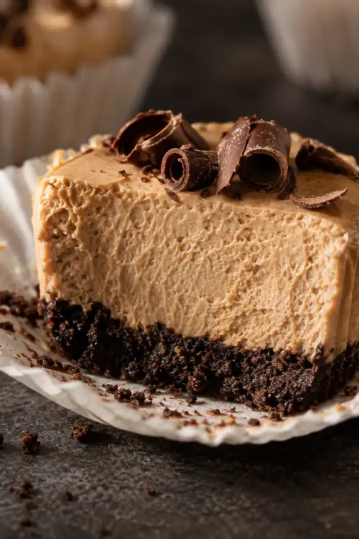 Cut No-Bake Espresso Mini Cheesecakes with coffee filling and dark cookie crust